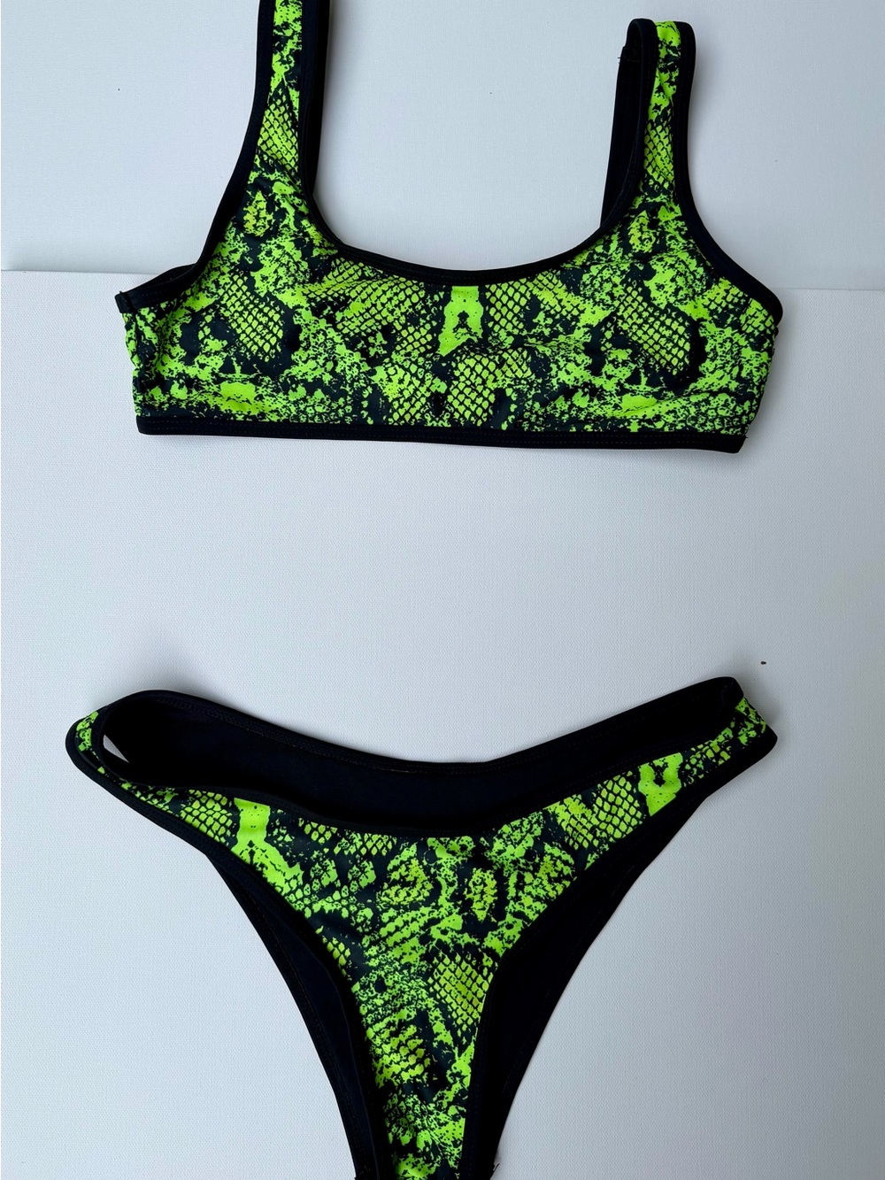 Zaful Neon Green Snake Print Bikini Set with Black Trim